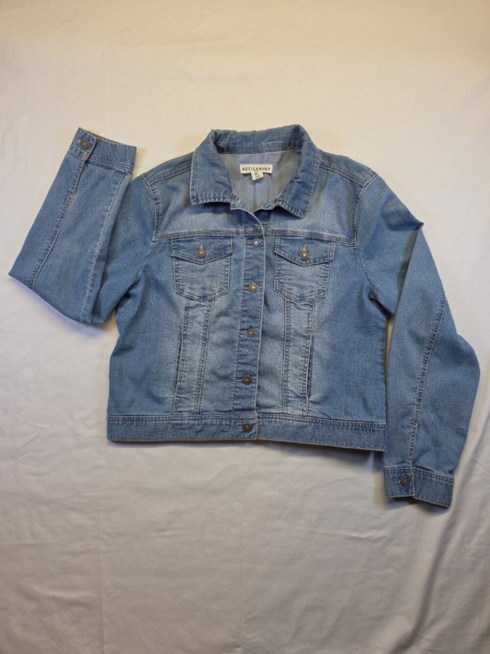 Artisan NY Denim Jean Jacket Women's Large Blue Stone Wash Cropped Stretch Boho